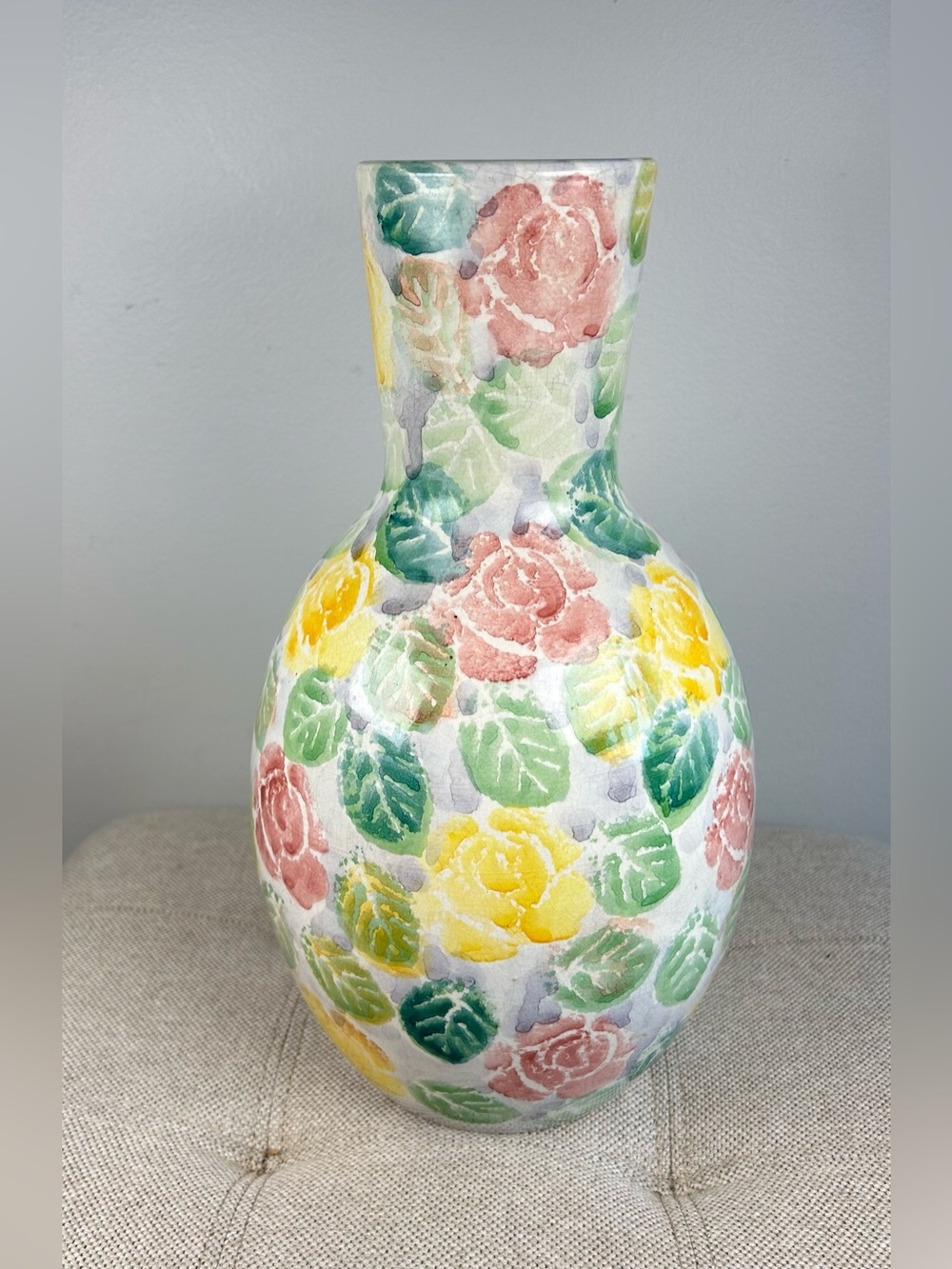 Vintage Hand Painted Ceramic Vase Floral Motif Made in Italy Crackle Glaze 12”